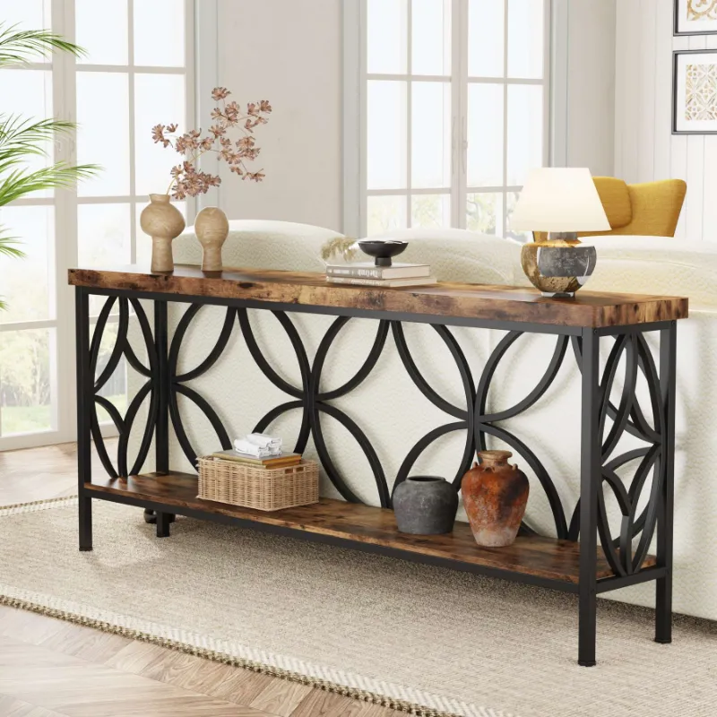 Tribesigns 2-Tier Console Table, 70.9 inch industrial sofa table with wood grain top and black metal frame