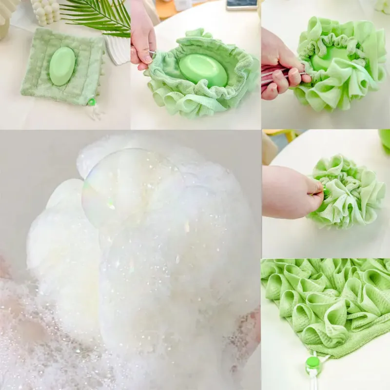 Kicklo 2-In-1 Exfoliating Mesh Shower Sponge in mesh glove form with drawstring