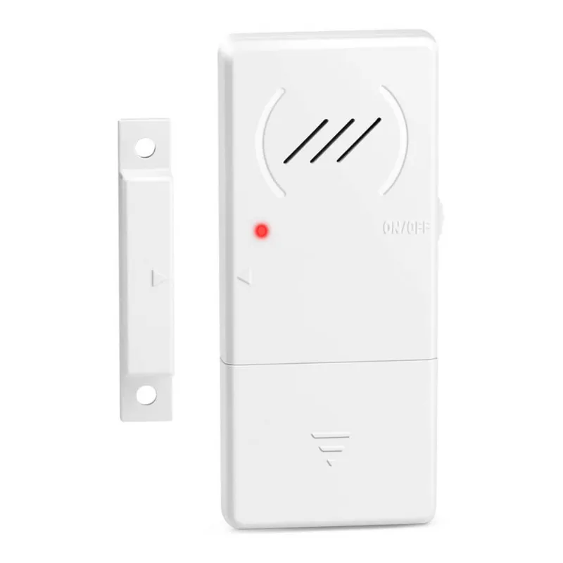 Wsdcam Ultra-slim Refrigerator Alarm with Delay, showing alarm host and magnetic strip with adhesive backing