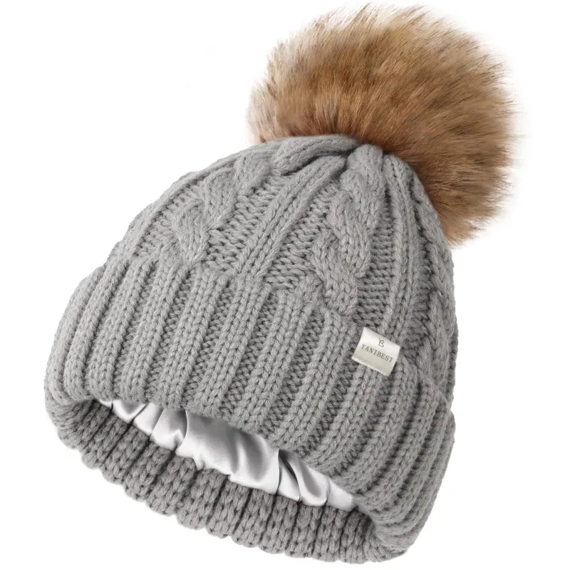 Yanibest Butter Satin Lined Pom Winter Beanie in Foggy Gray showing detachable faux fur pom