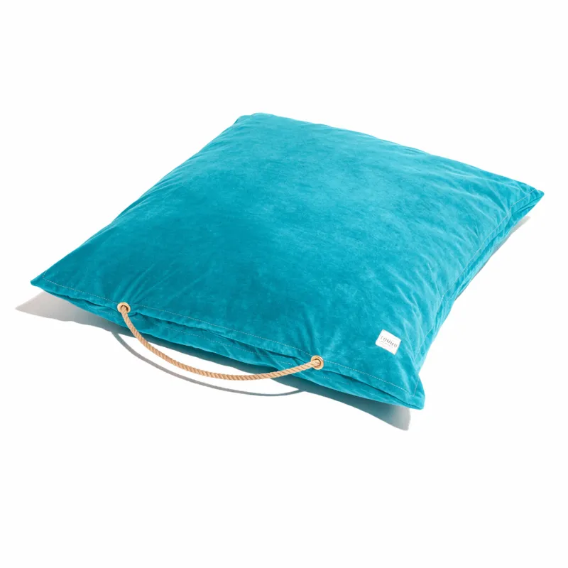 Found My Animal Aqua Washable Velvet Dog Bed with brass grommets and rope handles