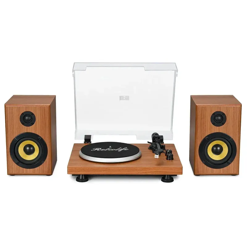 Retrolife Retro Style Dual Bluetooth Turntable System UD016 with two wood bookshelf speakers