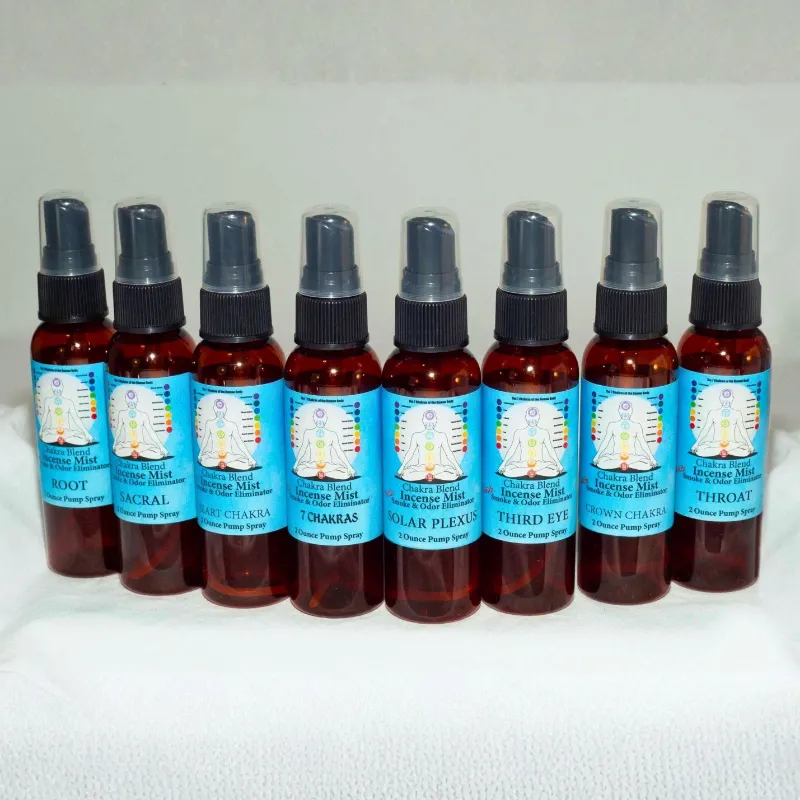 Spirit Nest Chakra Incense Mist Set with eight botanical spray bottles for meditation and yoga