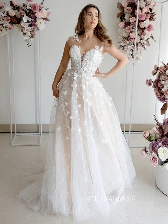 Selinadress A-line Cap Sleeve Beach Wedding Dresses With 3D Lace Applique, white lace wedding gown