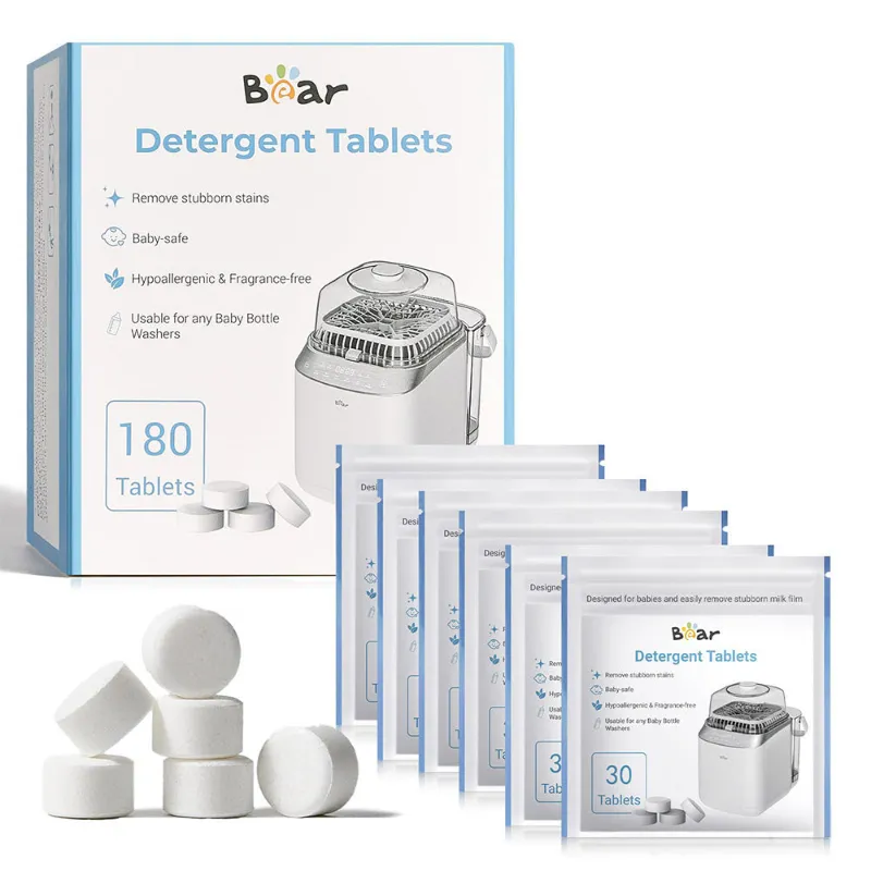 Bearforbaby Bear Bottle Washer Tablets 180 count, showing resealable bags and individual tablets