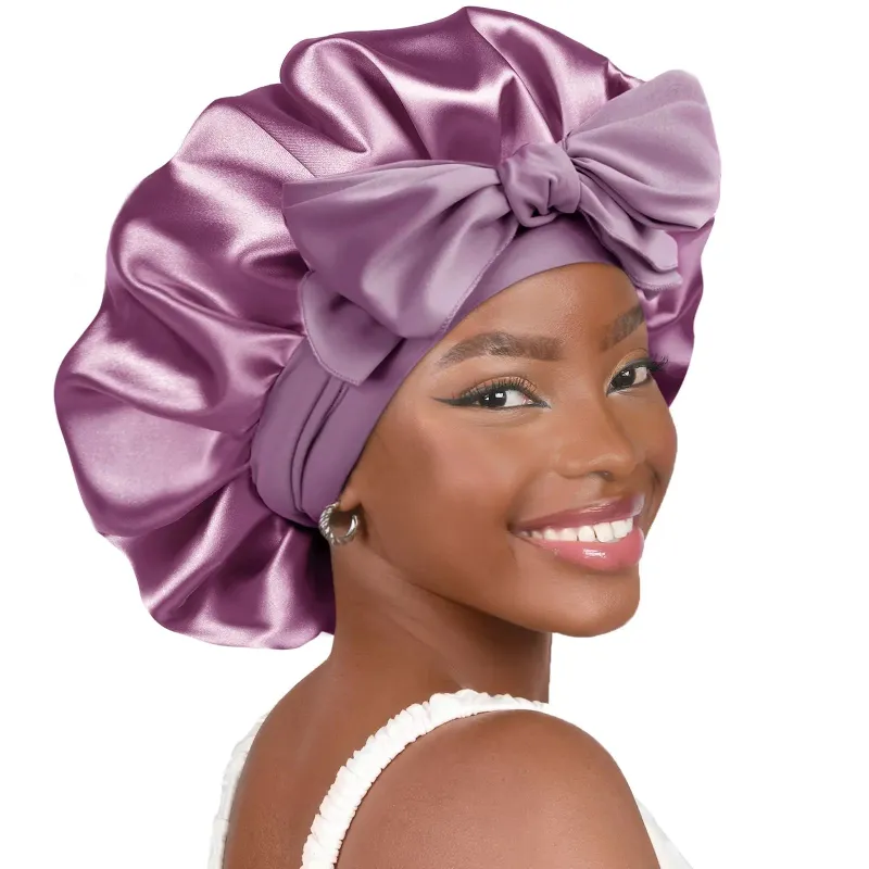 Yanibest Silk Butter Satin Bonnet with Tie Band in Purple, shown flat