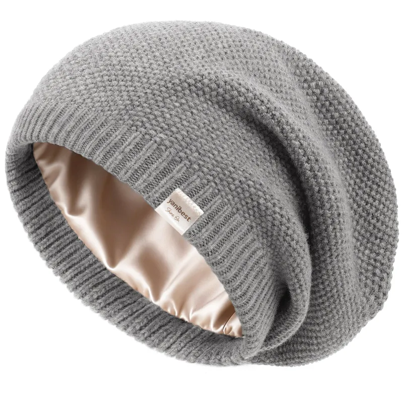 Yanibest Butter Satin Lined Slouchy Beanie in classic smoke grey showing the satin interior lining