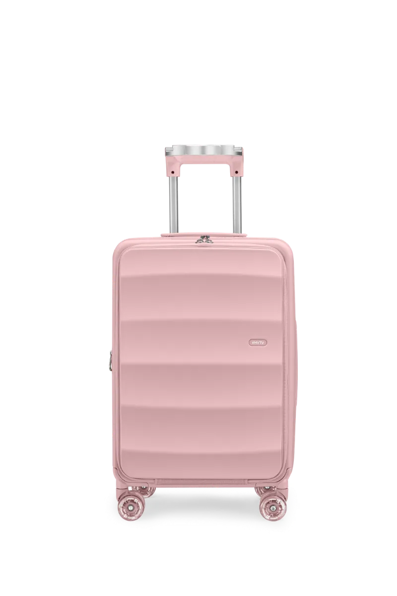 4MYTU Tank Bigger Carry-On in Blush Pink showing front-opening hard shell suitcase