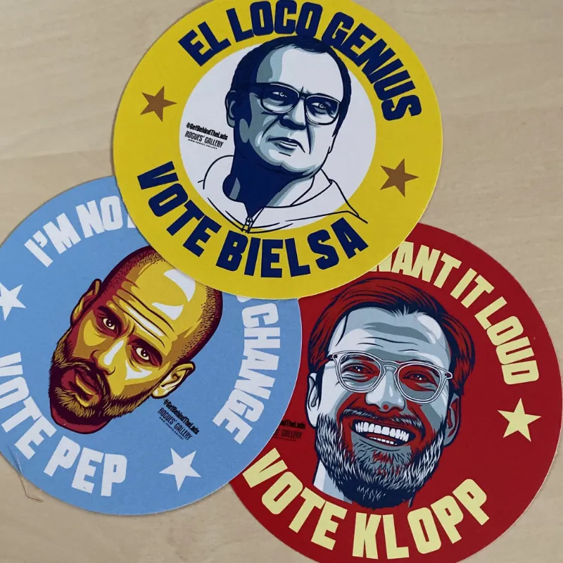 Rogues Gallery #GetBehindTheLads Football Campaign Stickers featuring political and team designs