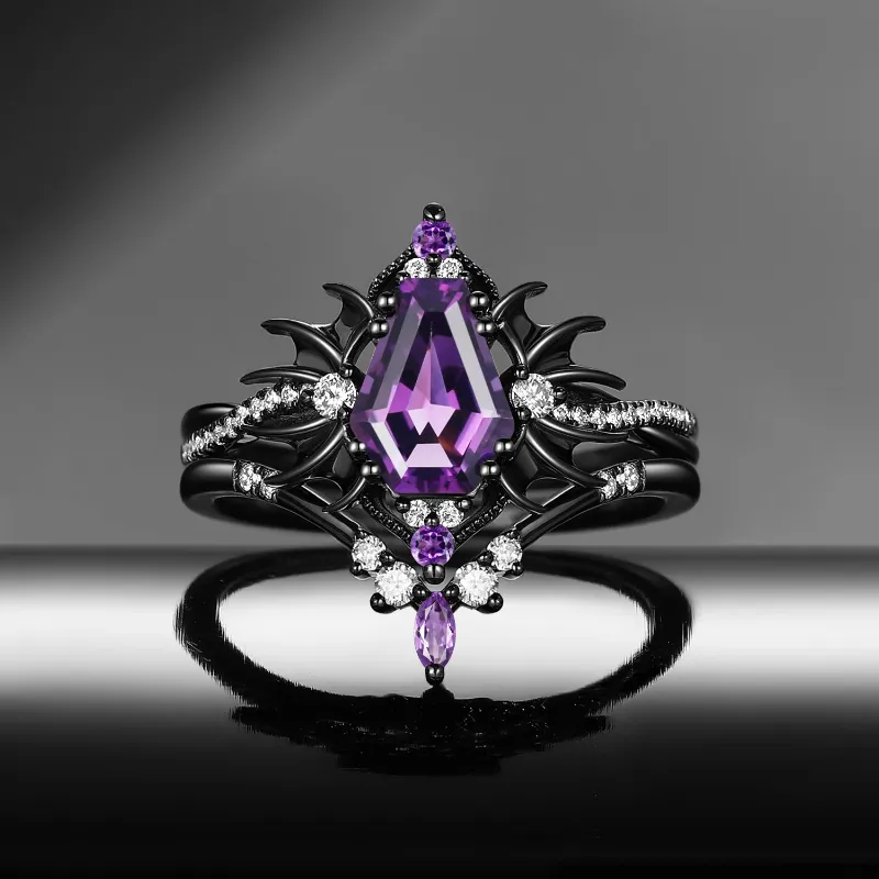Starlandus Angel in Disguise Gothic Coffin Amethyst Infinity Bat Engagement Ring Set in black gold with purple gemstone