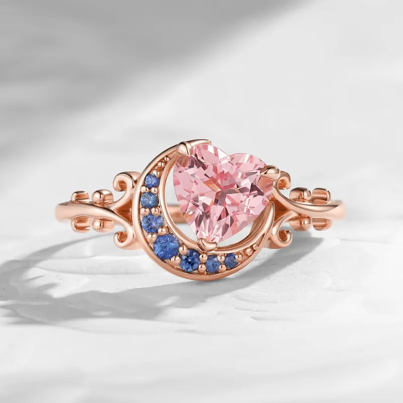 Starlandus Moonlit Embrace heart cut pink sapphire crescent moon engagement ring