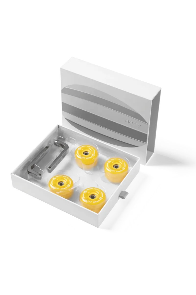 4MYTU Palette Wheels in Honey Yellow showing wear-resistant PU material and dual bearings