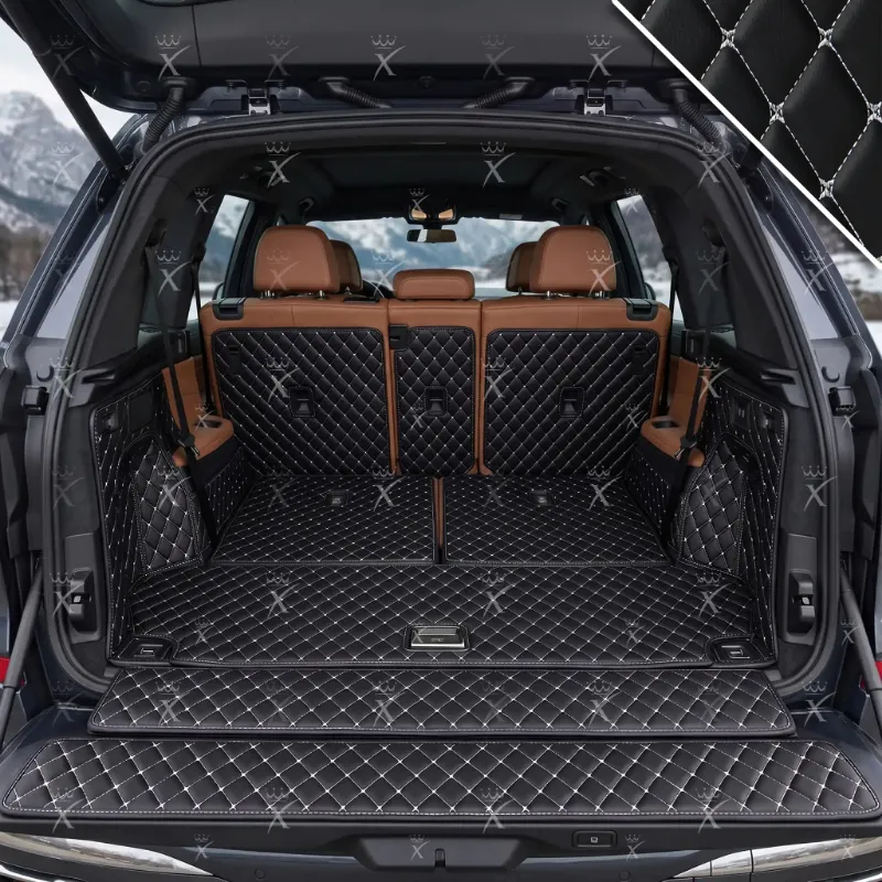 Luxus Car Mats 360Fit Diamond Trunk Mat in black with white stitching, showing raised-wall cargo coverage