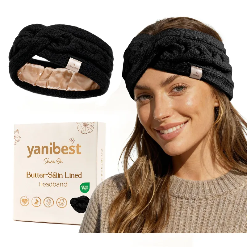 Yanibest Satin Lined Headbands for Winter in Black, knit fabric with satin lining shown
