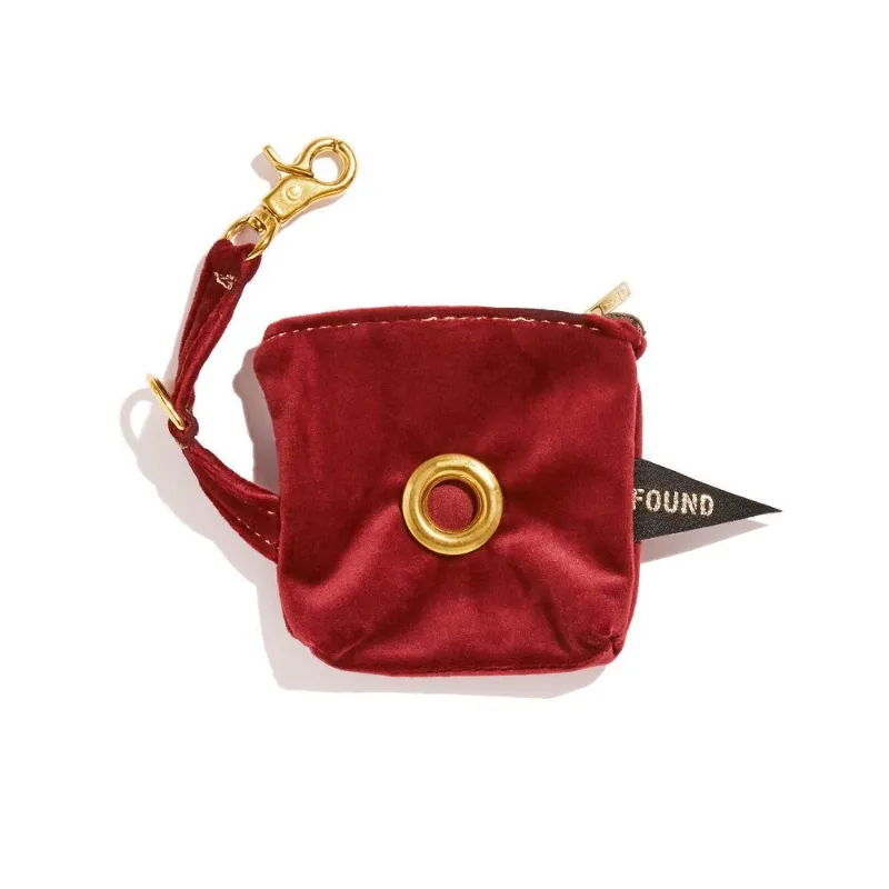 Found My Animal Burgundy Velvet Poop Bag Pouch shown clipped to a leash, front and back views
