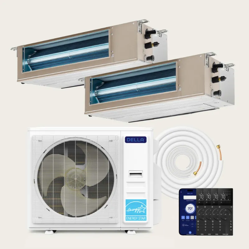 Della Home 27000 BTU dual zone concealed ducted mini split heat pump with 9K and 18K units