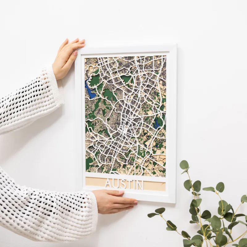 Enjoy The Wood 3D City Map Austin showing layered wooden street detail
