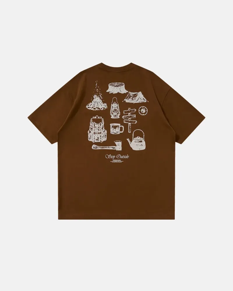 INFLATION Camping Graphic Cotton Tees in brown or blue-green with vintage outdoor camping print