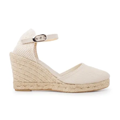 BIANKINA Granada Eco Canvas Vegan Espadrille Wedges in beige tan, showing wedge heel and canvas upper