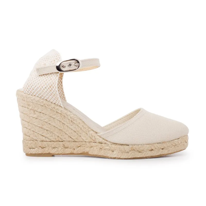 BIANKINA Granada Eco Canvas Vegan Espadrille Wedges in beige tan, showing wedge heel and canvas upper