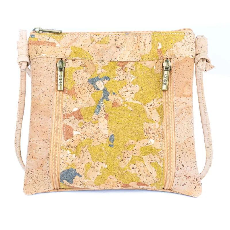 Corkadia Cork Crossbody Bag with Dual Front Zippers showing vegan lightweight everyday bag with multiple compartments