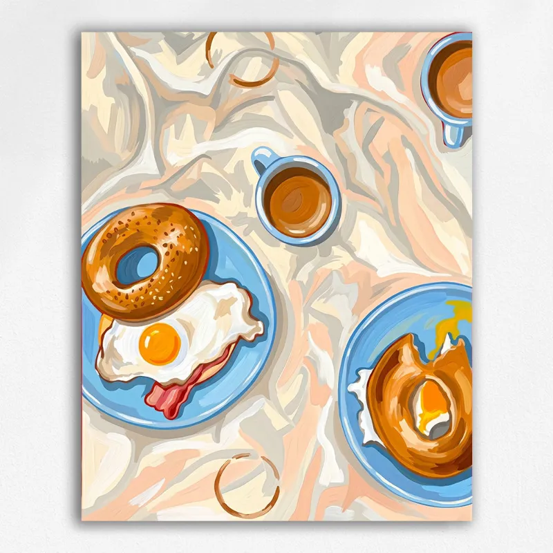 Maikoo Art Bagel and Egg Breakfast in Bed paint by numbers kit depicting morning meal on tray