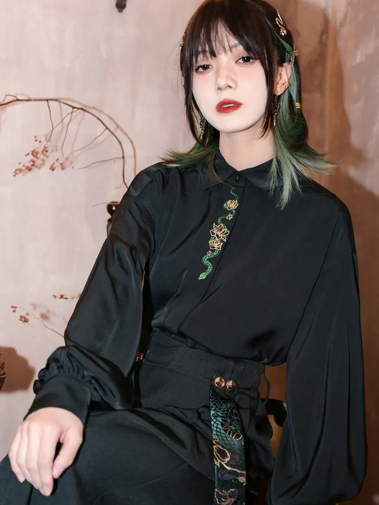 Juwas Black Chinese-style shirt with snake embroidery showing detailed front threadwork on model.