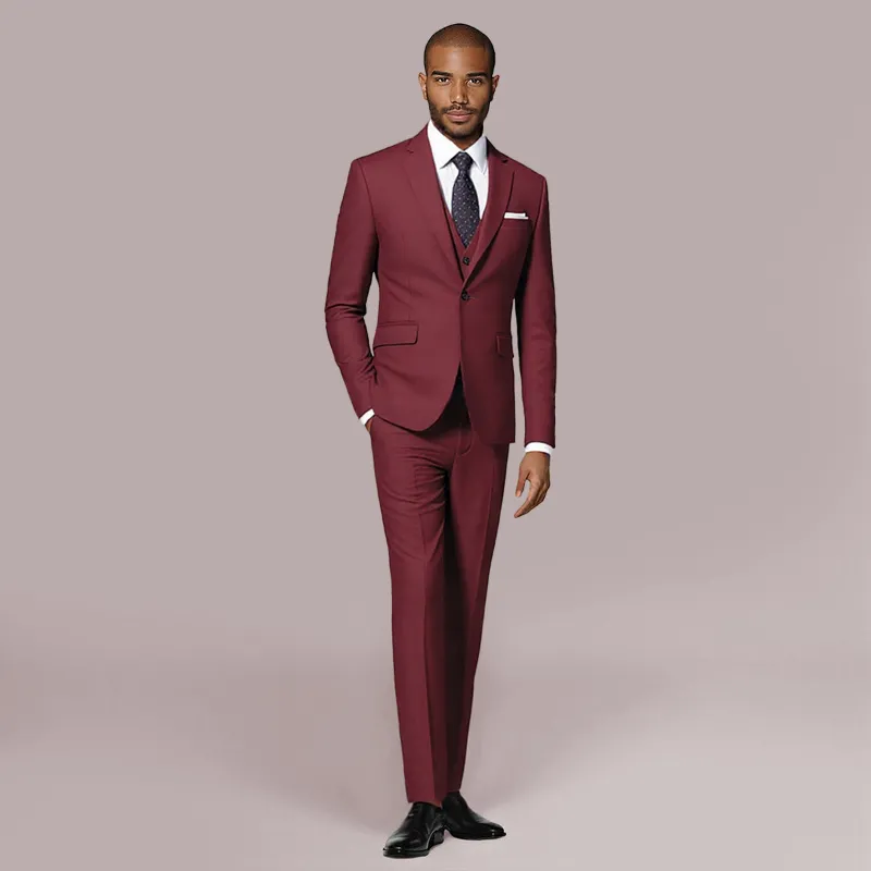 Cloudstyle 1829 Series wine red 3-piece slim fit formal suit with blazer, pants, and vest
