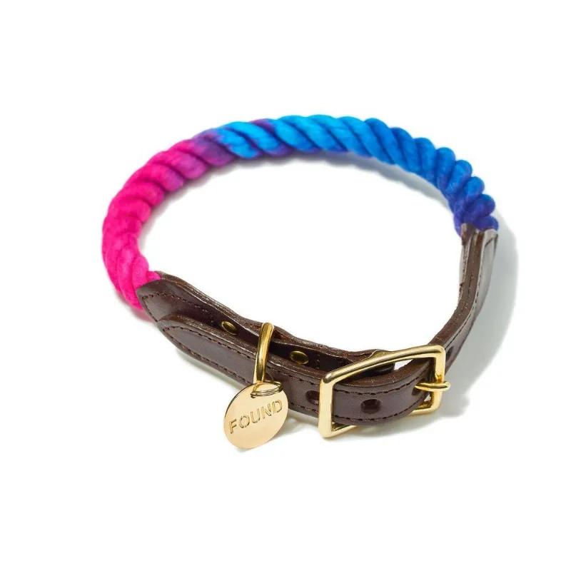 Found My Animal Dark Multi Ombre Cotton Rope Cat & Dog Collar with leather and FOUND tag
