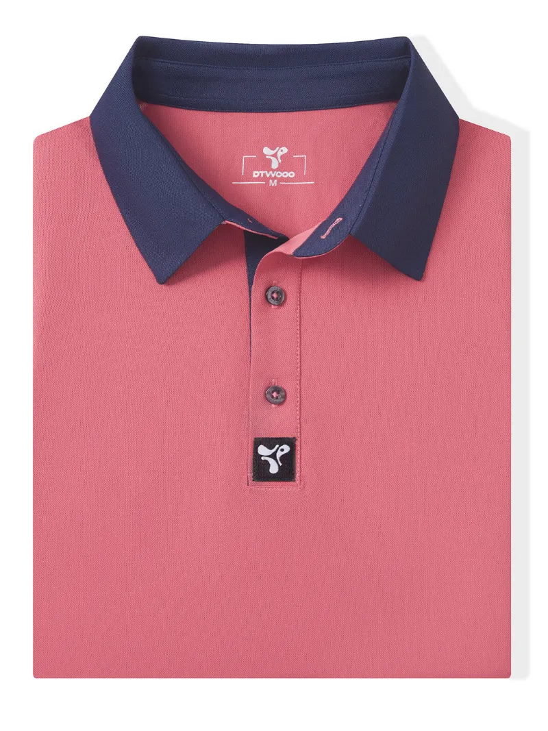 DTWOOO Men's Tech Pique Performance Polo in cranberry red, front view showing fit