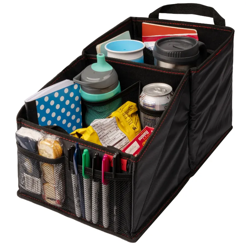 Lusso Gear Car Seat Organizer Caddy with multiple pockets and cup holders fully expanded