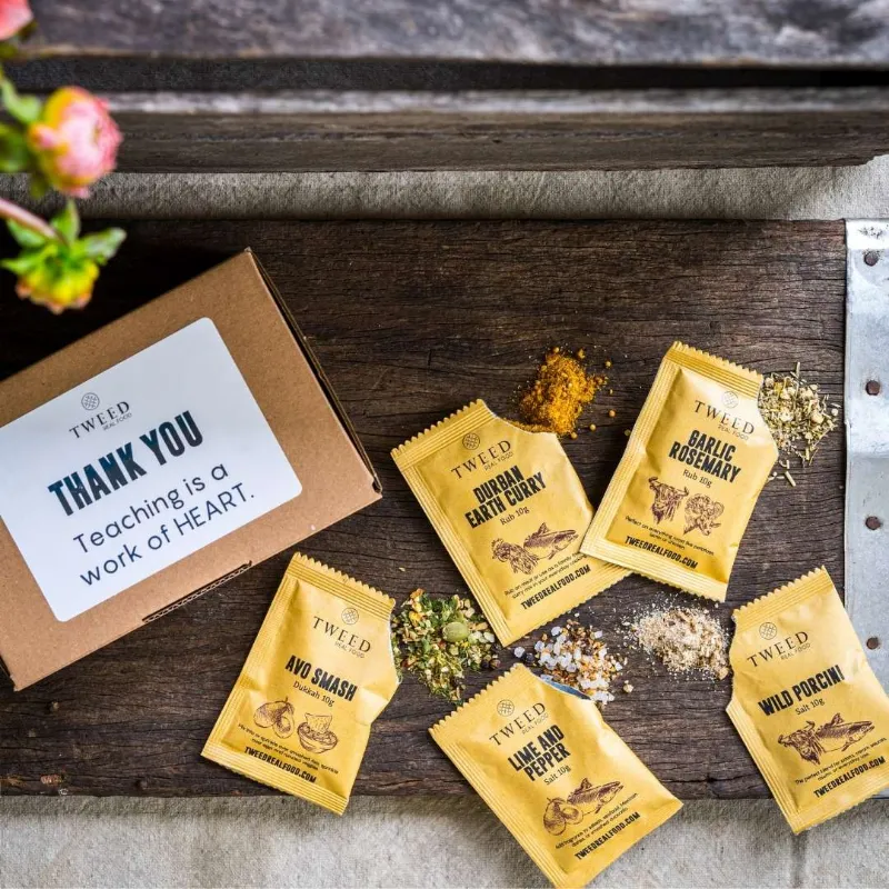 Tweed Real Food Teacher Thank You Gift Hamper with sample size seasonings and rubs