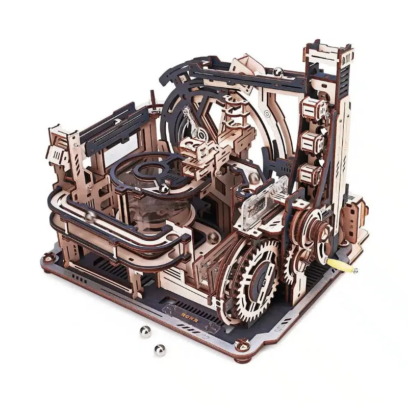 Varvikas 3D Wooden Mechanical Puzzle Kit Marble Spaceport with wooden gears and track system