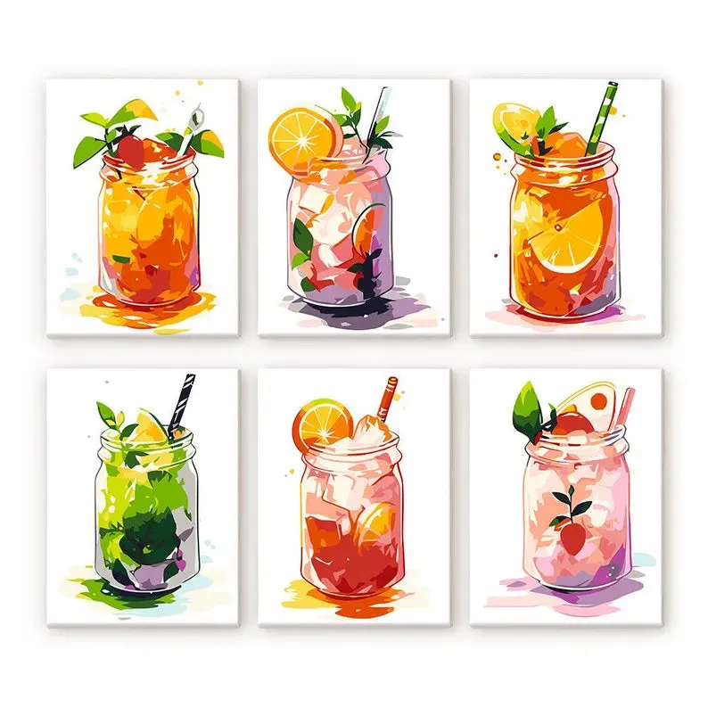 Maikoo Art 6 Mini PBN Delicious Juice Framed set showing six small framed juice-themed paint by number canvases