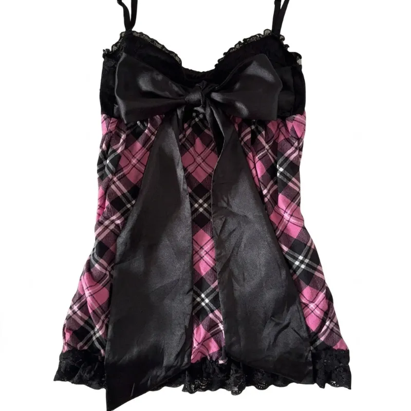 Shoptery Jirai Kei Pink Tartan Plaid Satin Bow Lace Trim Cami Top with lace edging and adjustable straps