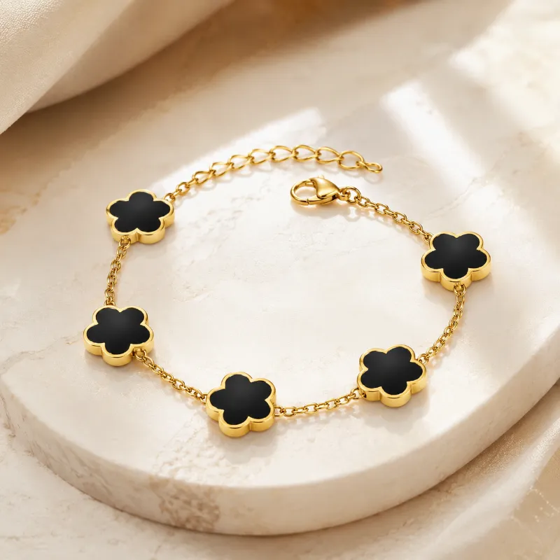 Viva Koutour Cosmetics Midnight Bloom Bracelet – black flower charm gold bracelet
