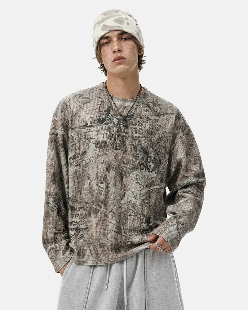 INFLATION Branch Camo Waffle Long Sleeve T-Shirt in muted earth tones with all-over camo print and boxy fit