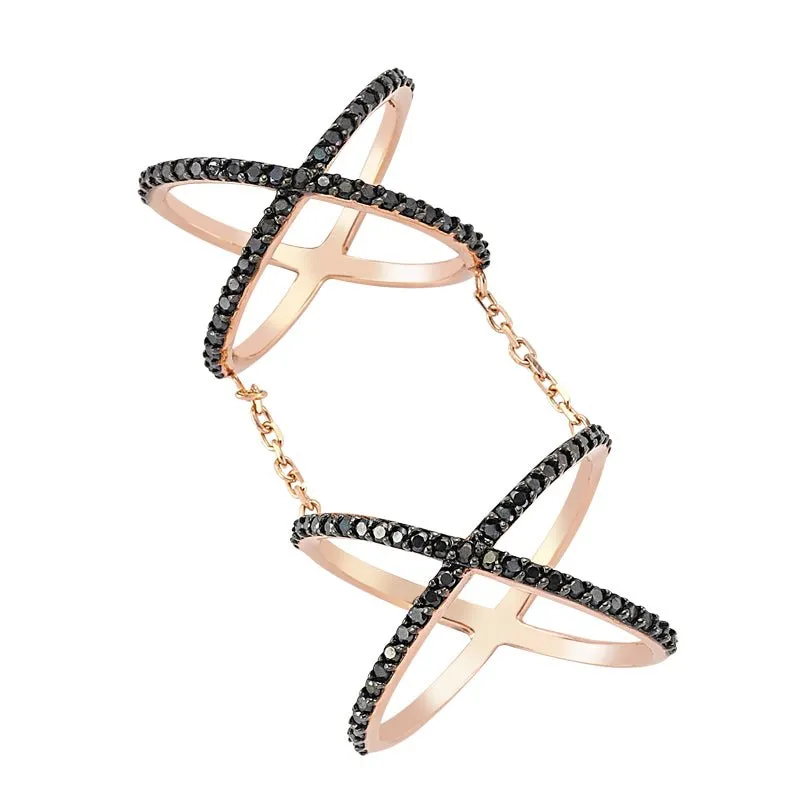 Amorium Jewelry Black Double Band Linked Silver Stacked X Ring with connected X-shaped bands