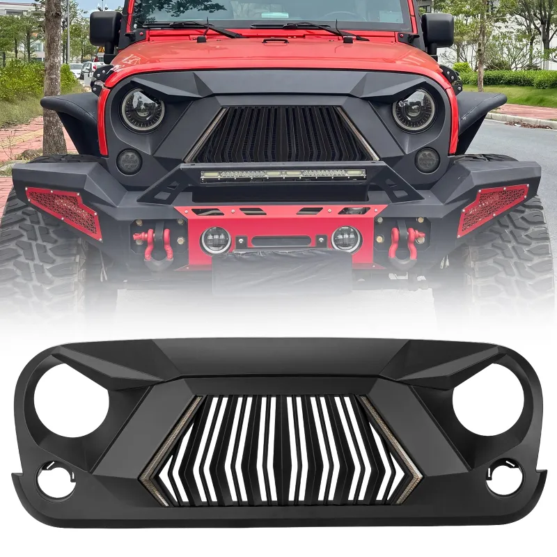 Sunpie Aggressive Shark Grille with Integrated LED DRL & Turn Signals Compatible with 2007-2018 Jeep Wrangler JK JKU, showing mesh shark-mou