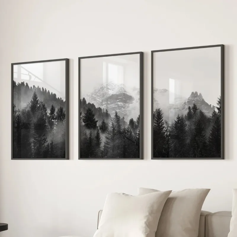 Wall Art Set Black White Forest Triptych. Misty Mountains Nature Posters 3 prints