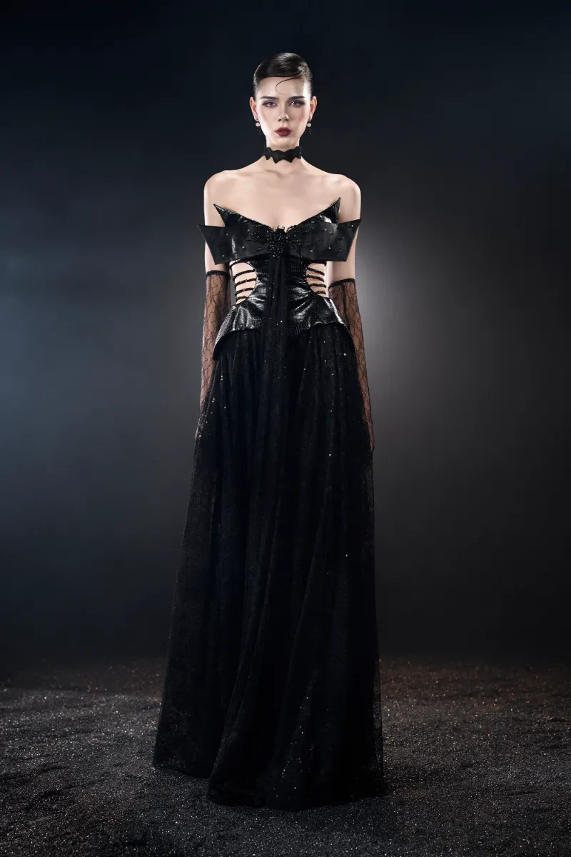 Kalisa Gossamer Witch Night Bandeau Corset Cutout Maxi Dress in black with strapless corset top