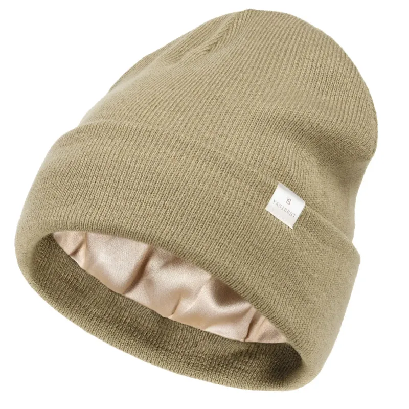 Yanibest Butter Satin Lined Knit Skull Beanie in treegreen, cozy satin-lined winter hat
