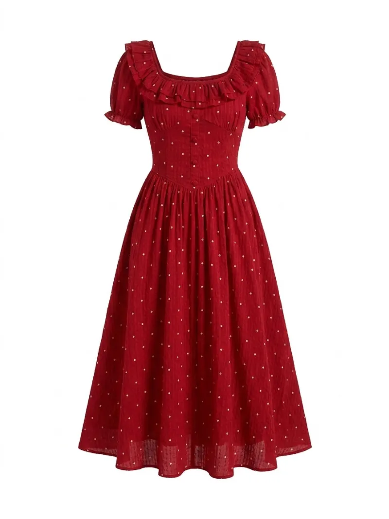 Cottagecore Clothes Cottagecore Dotted Ruffle Midi Dress in deep crimson with gold polka dots and puff sleeves