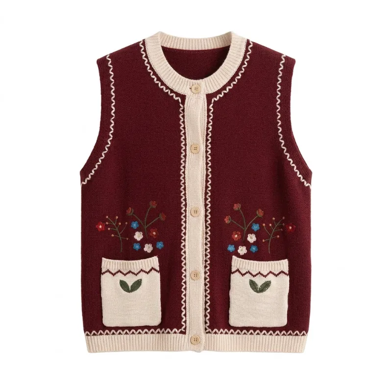 Cottagecore Clothes Cottagecore Knit Vest in burgundy with cream trim and embroidered floral pockets