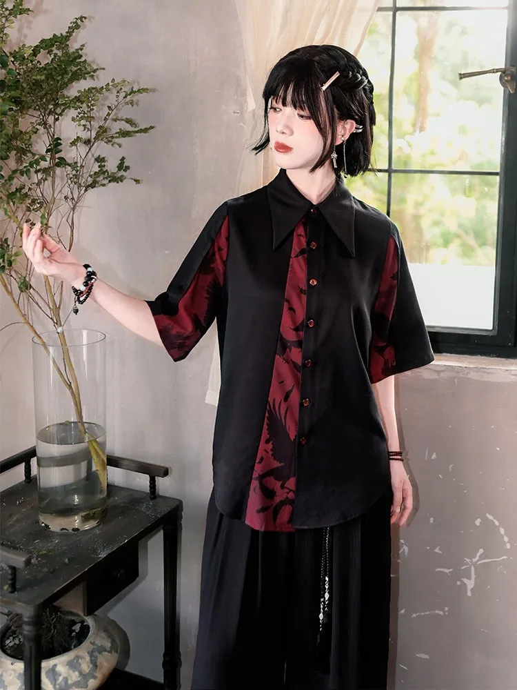 Juwas Black and Red Chinese-Style Patchwork Cotton Short Sleeve Shirt flat lay showing front pattern details.