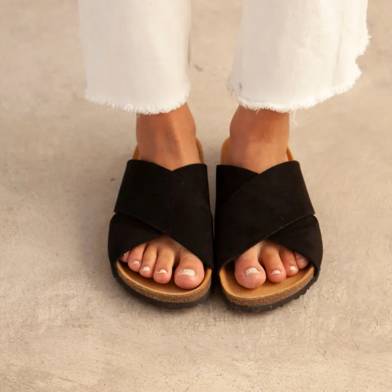 BIANKINA Alacant Vegan Suede Leather Slide Cork Sandal in black with criss-cross straps