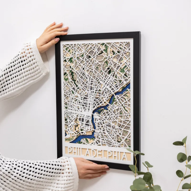Enjoy The Wood 3D City Map Philadelphia laser-cut wooden wall art showing historic street grid and rivers