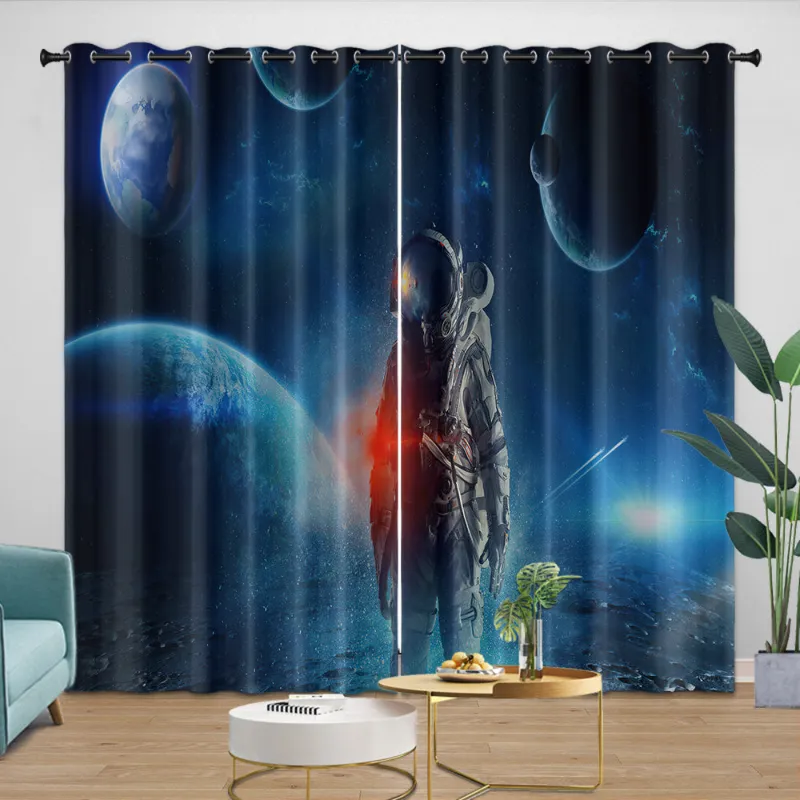 EBuycos Astronaut Curtains Blackout Window Drapes Room Decoration, astronaut pattern on dark fabric