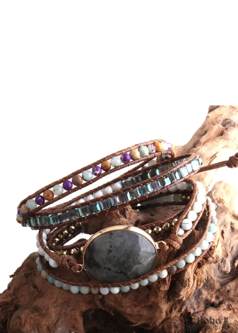 Boho Dress RH 5 Layers Leather Wrap Bracelet with black tourmaline stones