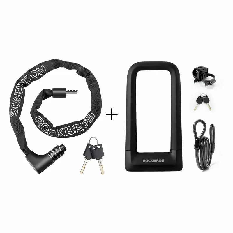 RockBros US Bike Lock Set with U-Lock and Combination Chain Lock showing both locking mechanisms